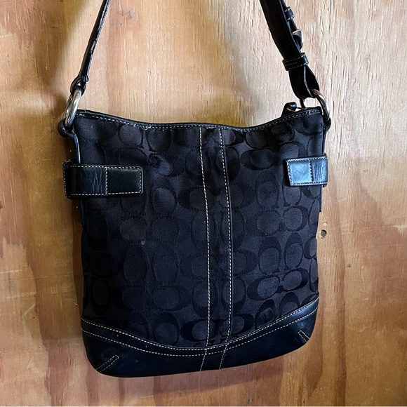 COACH BLACK Monogram Fabric with LEATHER  Trim SHOULDER BAG - Picture 6 of 6